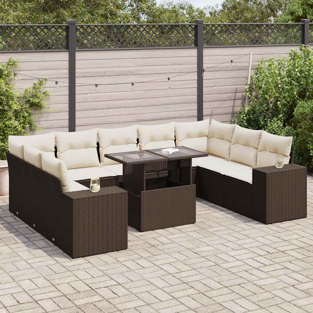 10 Pcs conj. sofás jardim com almofadões vime PE castanho
