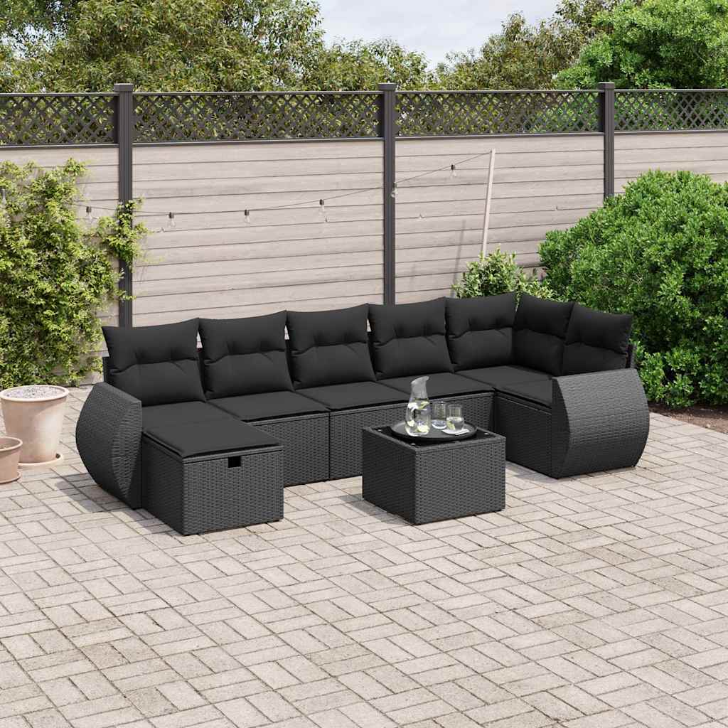 8 Pcs conjunto sofás de jardim com almofadões vime PE preto