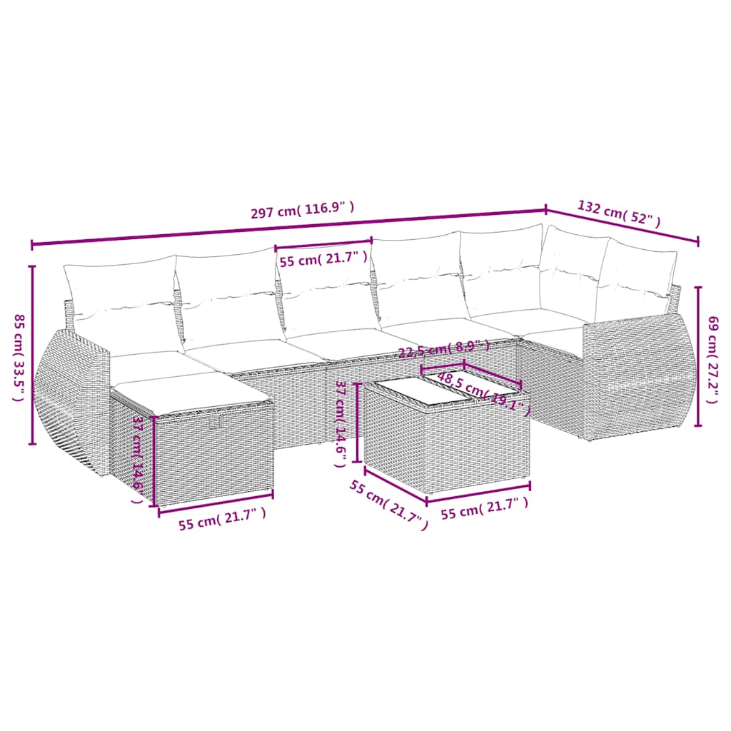 8 Pcs conjunto sofás de jardim com almofadões vime PE preto