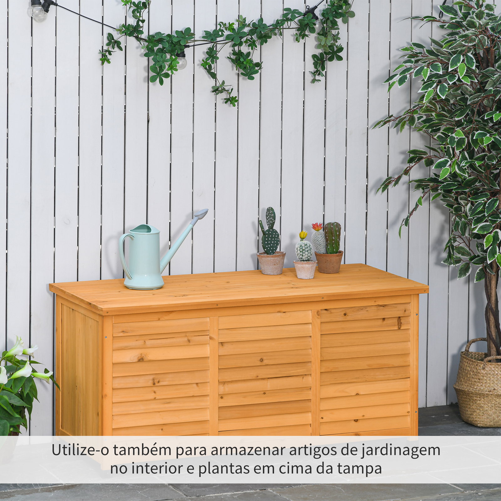 Baú de armazenamento baú de madeira de jardim com tampa abatível e desenho de persiana 127x56x60 cm madeira