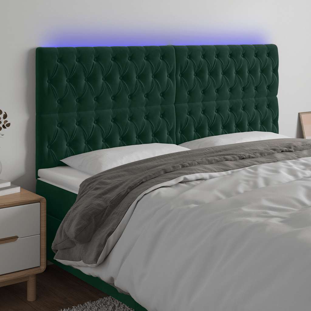 Cabeceira de cama c/ LED veludo 180x7x118/128 cm verde-escuro