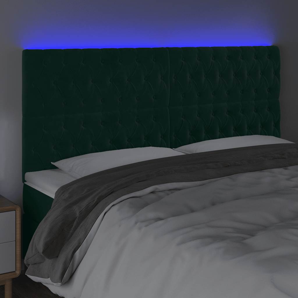 Cabeceira de cama c/ LED veludo 180x7x118/128 cm verde-escuro