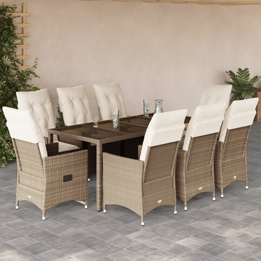9 Pcs conjunto de jantar p/ jardim com almofadões vime PE bege