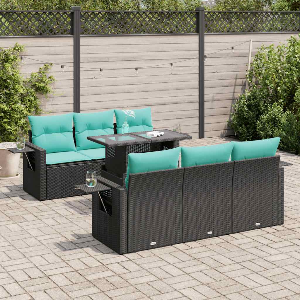 7 Pcs conj. sofás jardim c/ almofadões vime PE/acácia preto