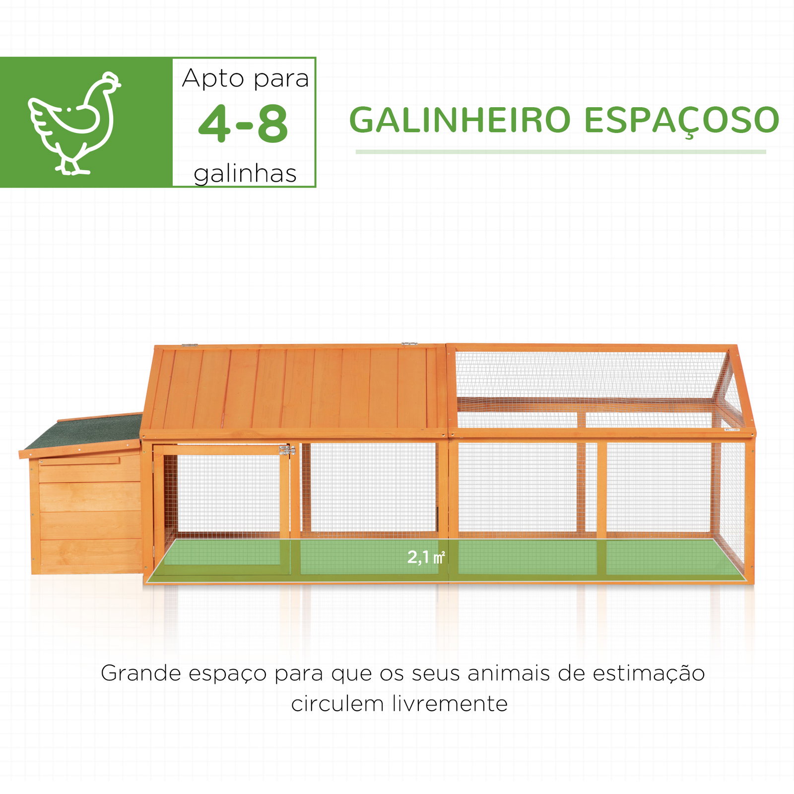 Galinheiro de madeira para 4-8 galinhas com ninho área aberta de 2,1 ㎡ 240x112,5x76cm madeira de abeto