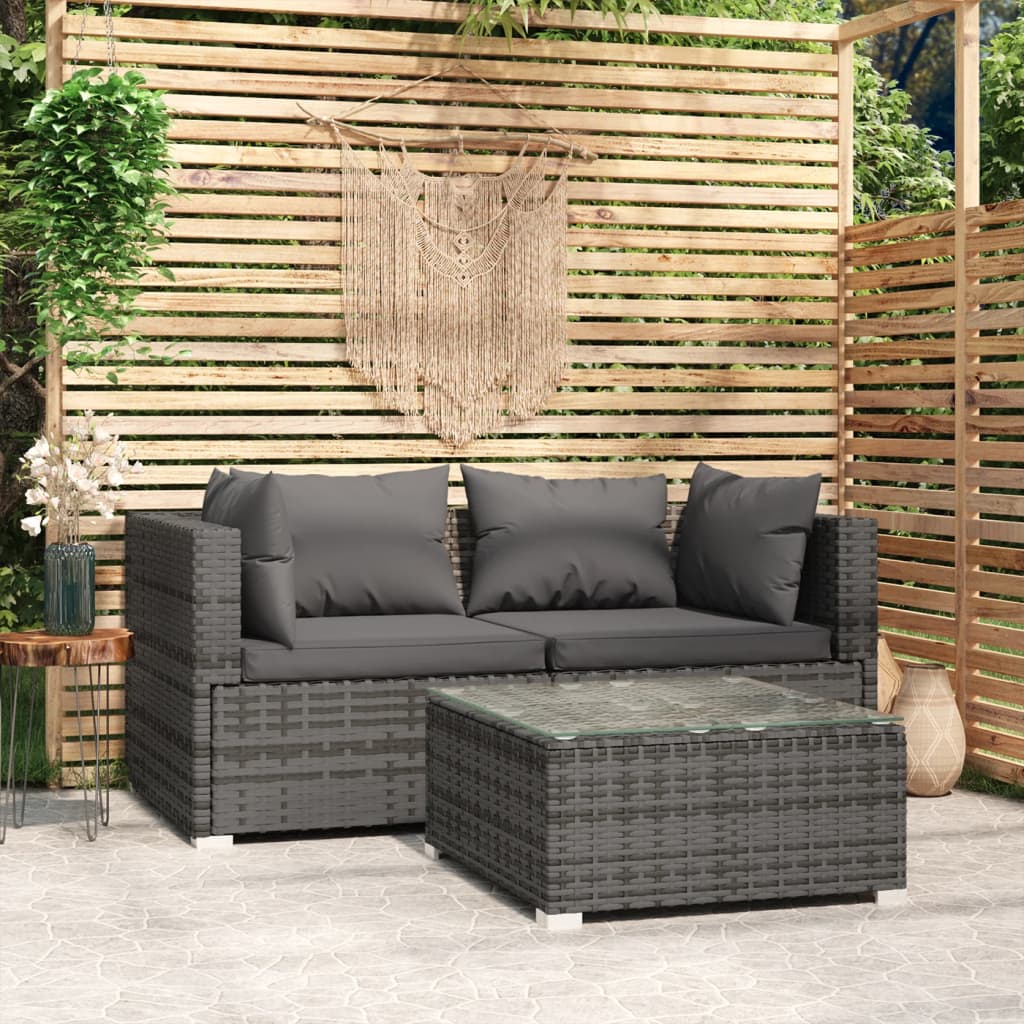 3 Pcs conjunto lounge de jardim c/ almofadões vime PE cinzento