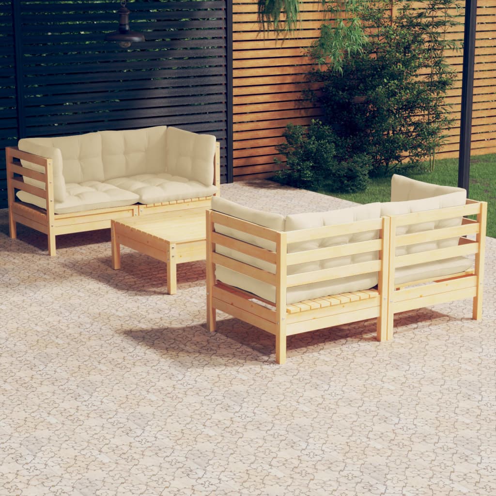 5 Pcs conjunto lounge jardim c/ almofadões cor creme pinho