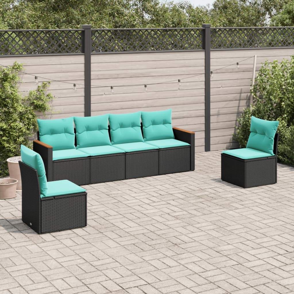 Conjunto de sofá de jardim com 6 peças e almofadas em rattan sintético preto