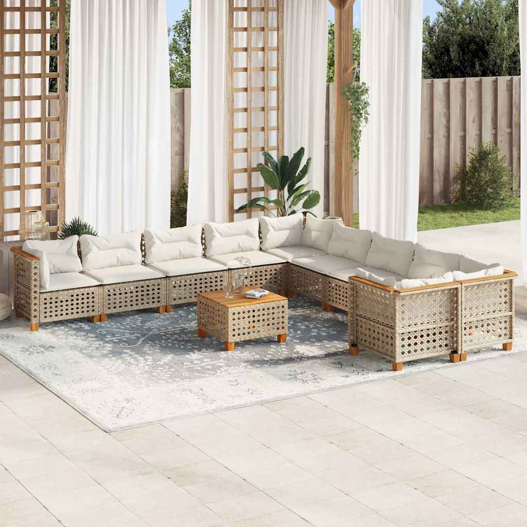 11 Pcs conjunto sofás de jardim c/ almofadões vime PE bege