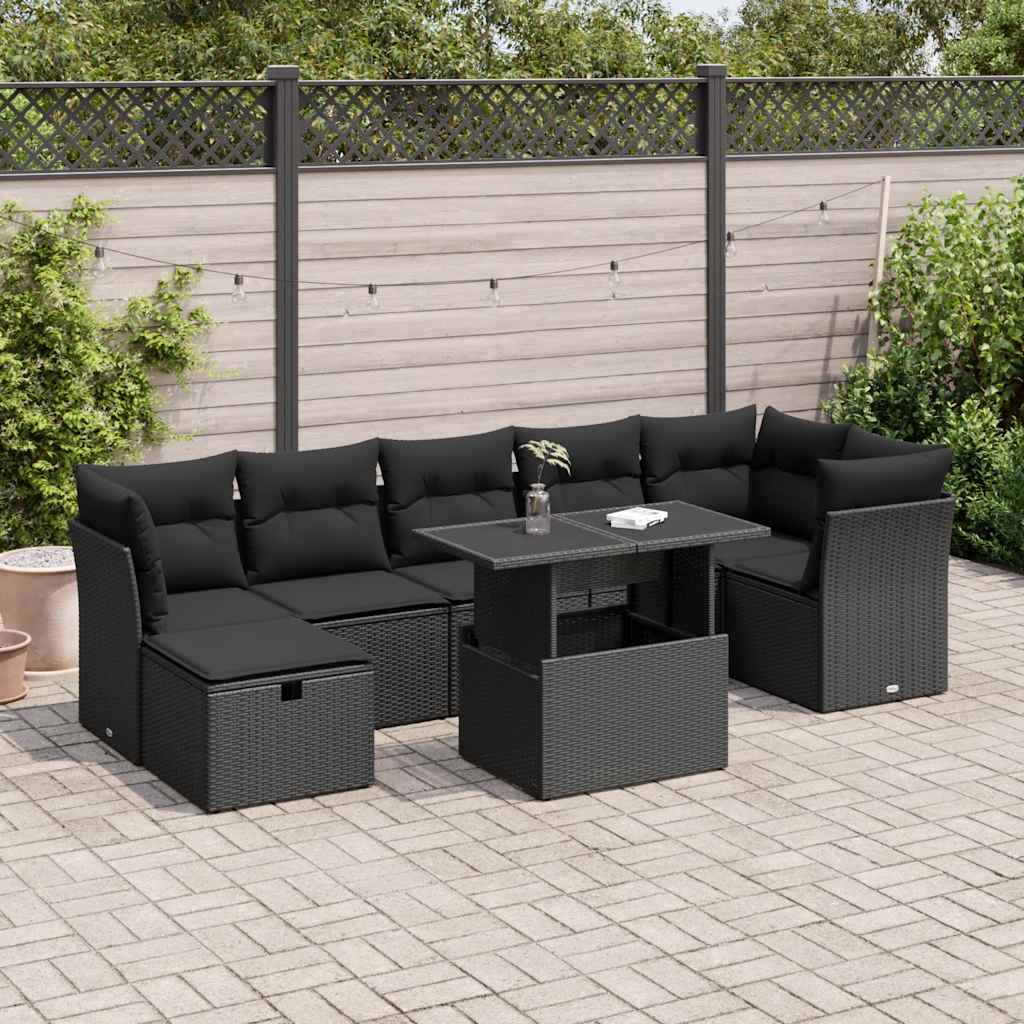 8 Pcs conjunto sofás de jardim com almofadões vime PE preto