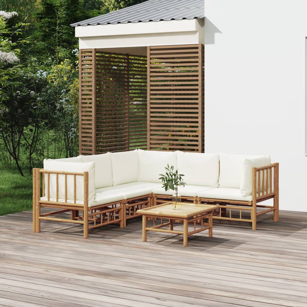 6 Pcs conjunto lounge de jardim bambu c/ almofadões branco nata