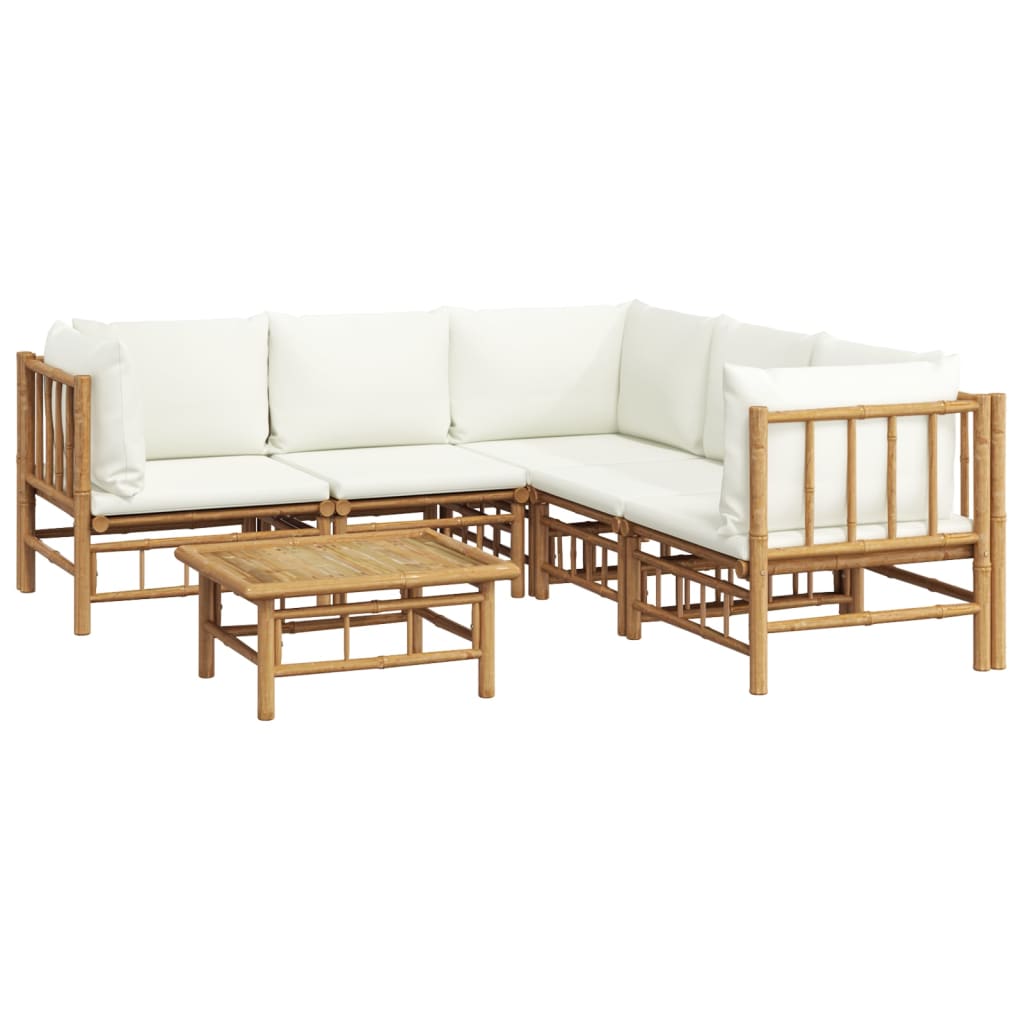 6 Pcs conjunto lounge de jardim bambu c/ almofadões branco nata