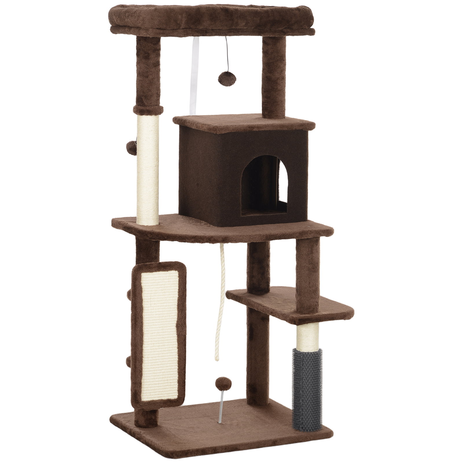 Arranhador para gatos grande altura 132 cm com plataformas postes com escova bolas suspensas e almofadas para arranhar marrom