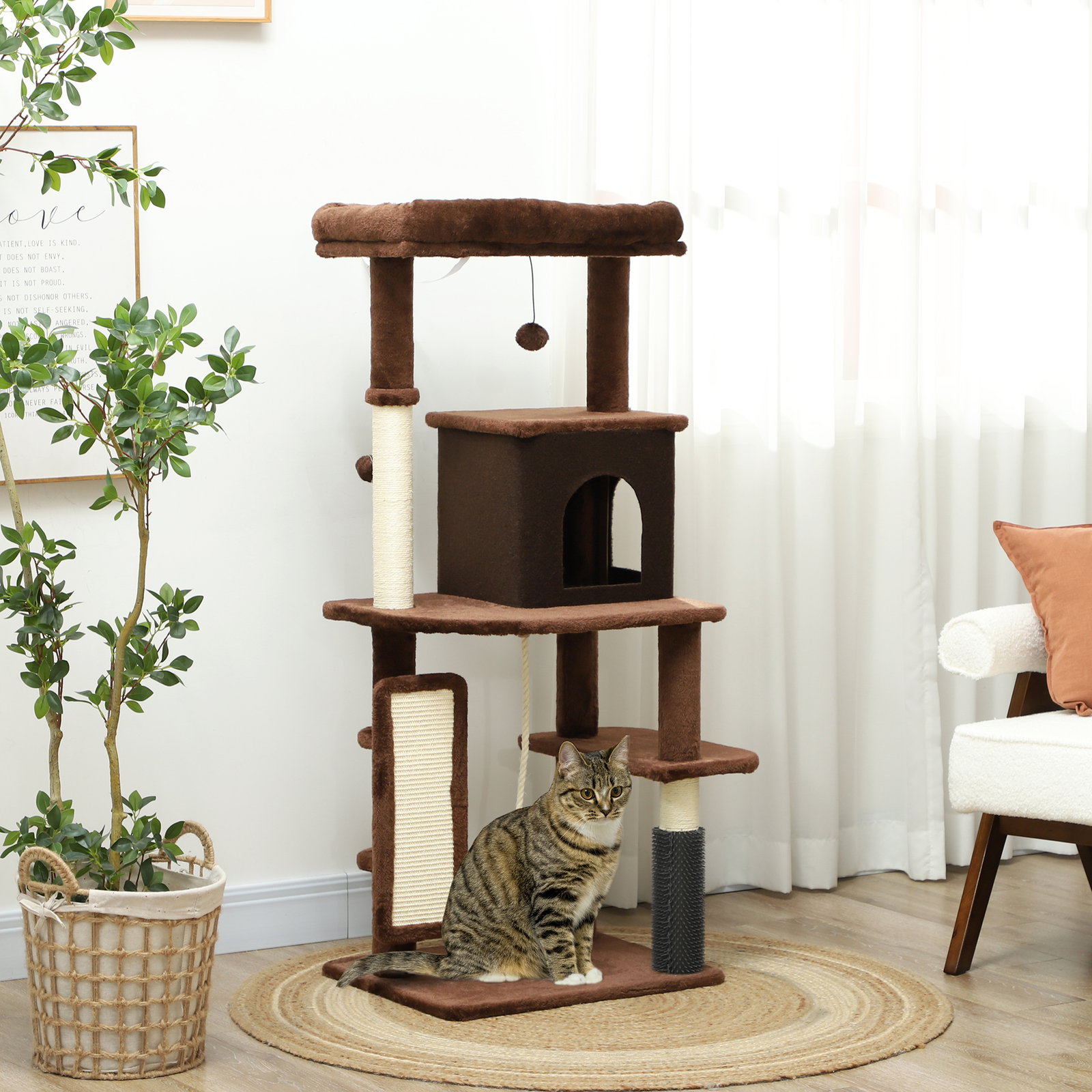 Arranhador para gatos grande altura 132 cm com plataformas postes com escova bolas suspensas e almofadas para arranhar marrom