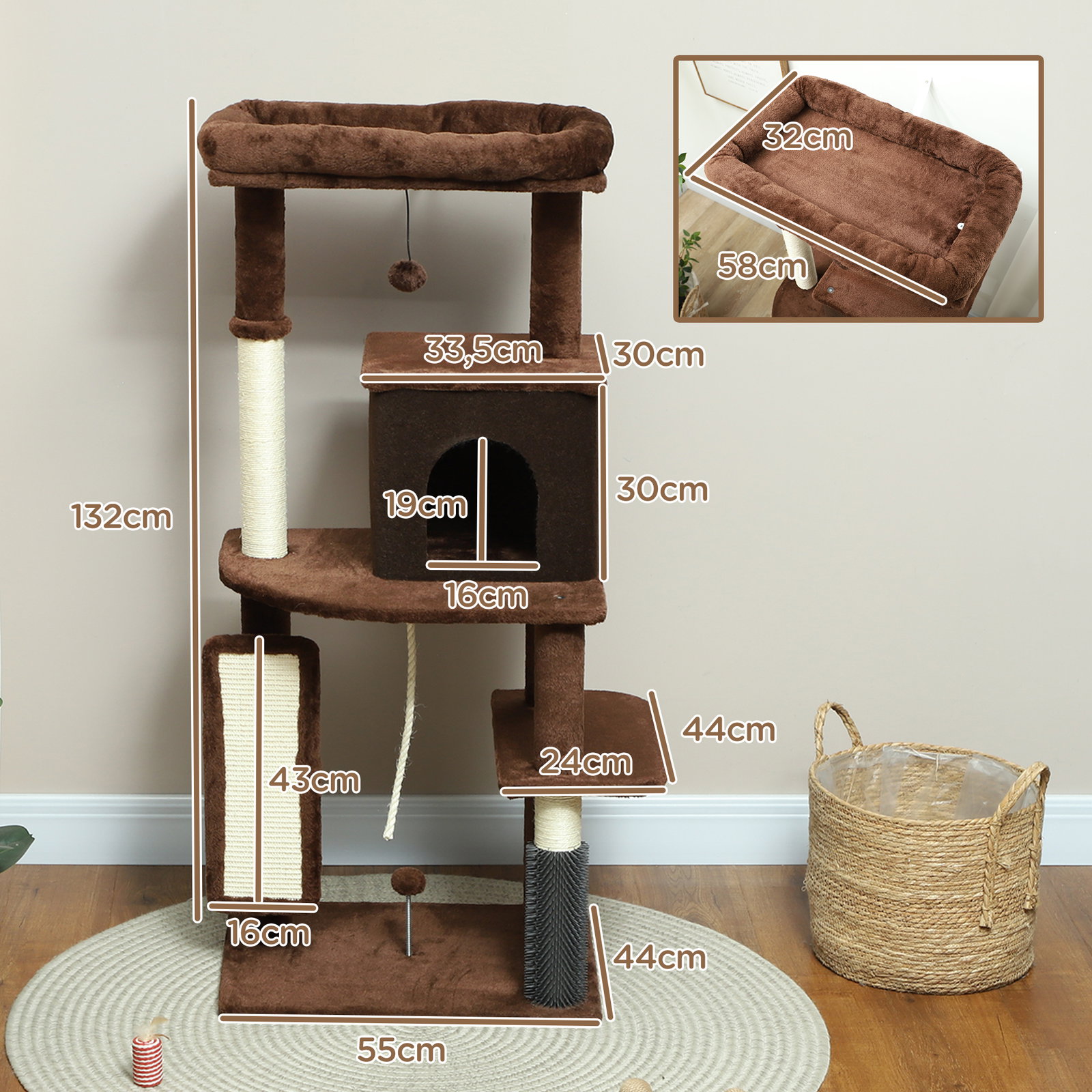 Arranhador para gatos grande altura 132 cm com plataformas postes com escova bolas suspensas e almofadas para arranhar marrom