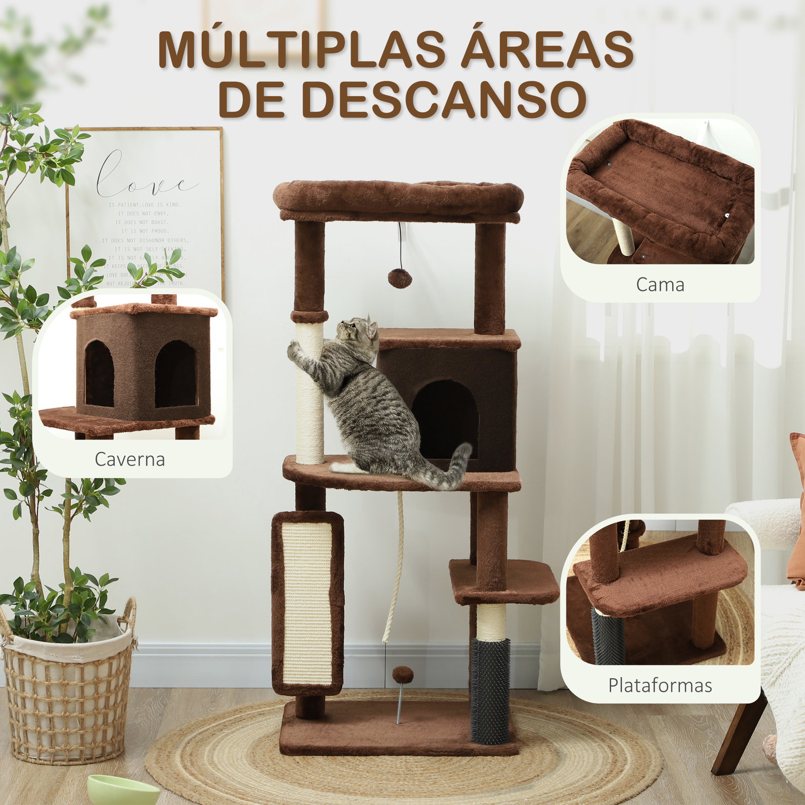 Arranhador para gatos grande altura 132 cm com plataformas postes com escova bolas suspensas e almofadas para arranhar marrom
