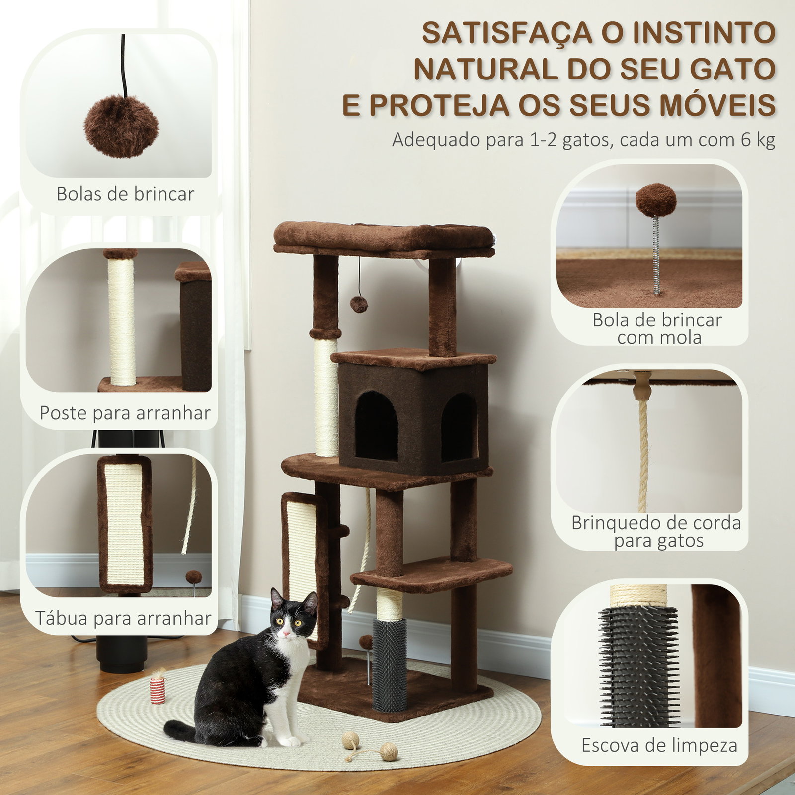 Arranhador para gatos grande altura 132 cm com plataformas postes com escova bolas suspensas e almofadas para arranhar marrom