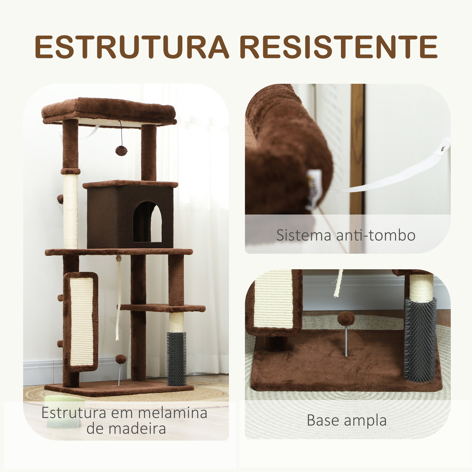 Arranhador para gatos grande altura 132 cm com plataformas postes com escova bolas suspensas e almofadas para arranhar marrom
