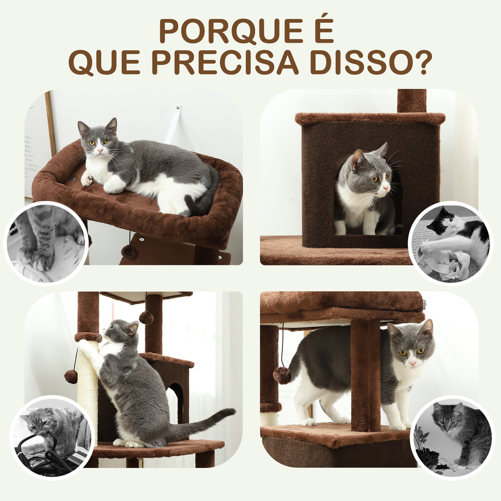 Arranhador para gatos grande altura 132 cm com plataformas postes com escova bolas suspensas e almofadas para arranhar marrom