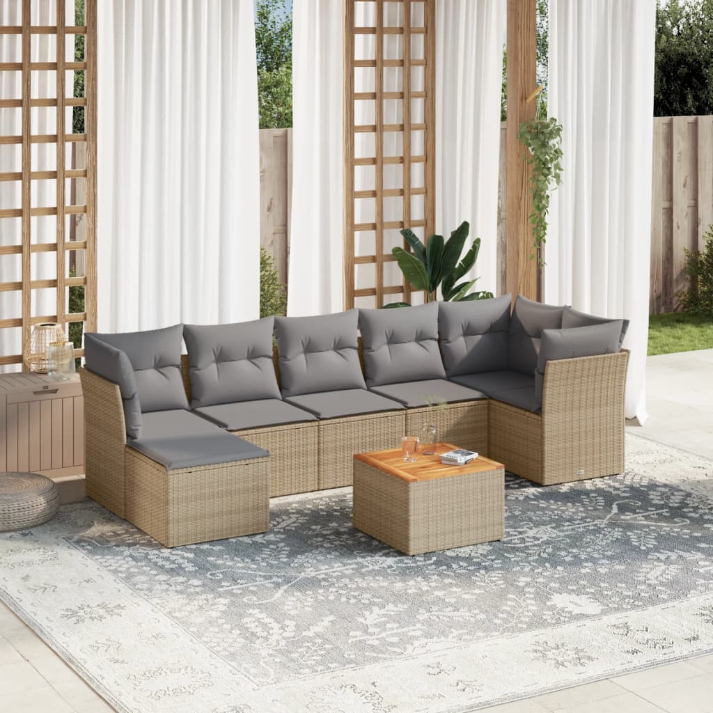 8 Pcs conjunto de sofás p/ jardim com almofadões vime PE bege