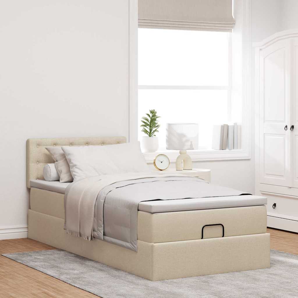 Cama otomana com colchão & leds 90x200 cm tecido creme