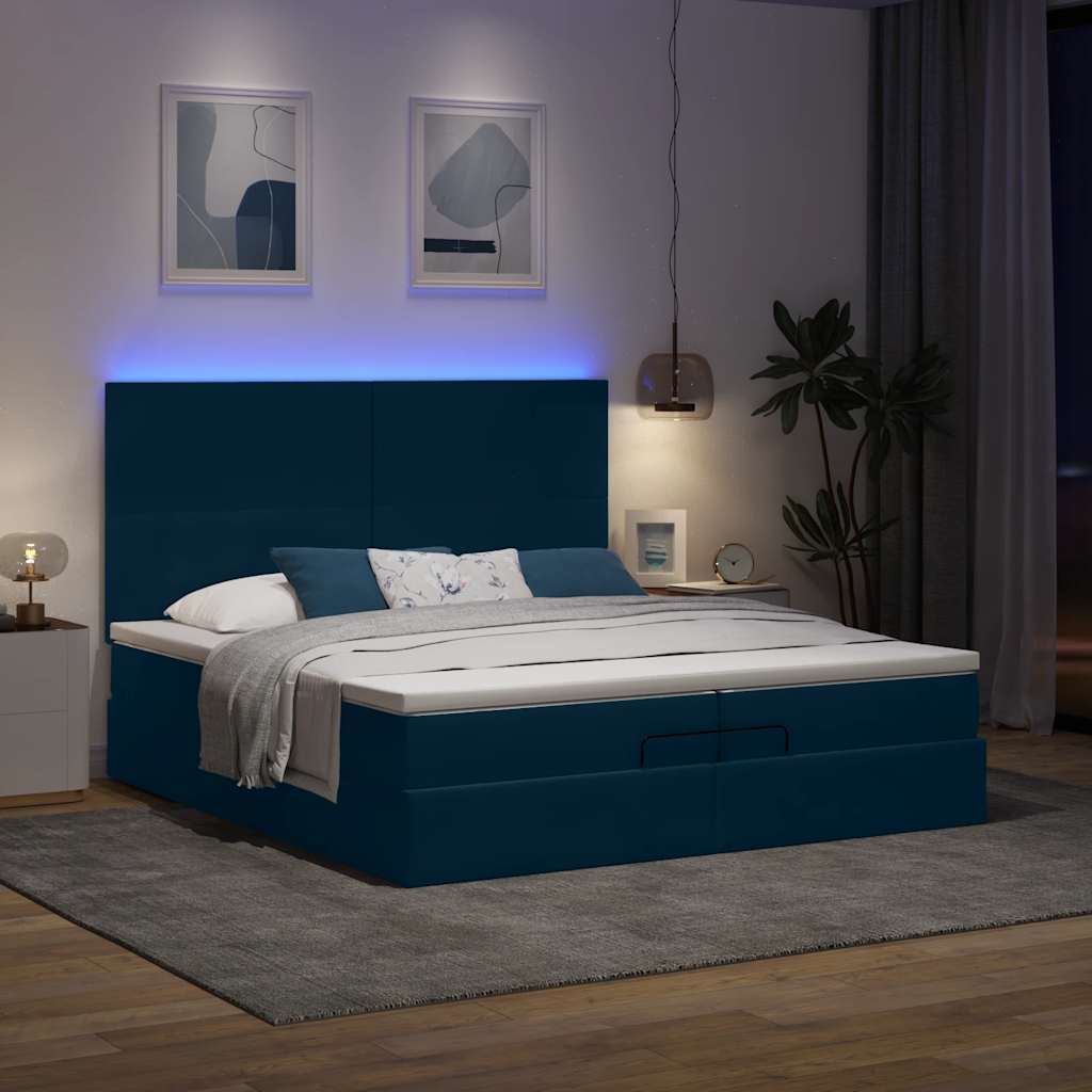 Cama otomana com colchões/leds 200x200 cm veludo azul-escuro