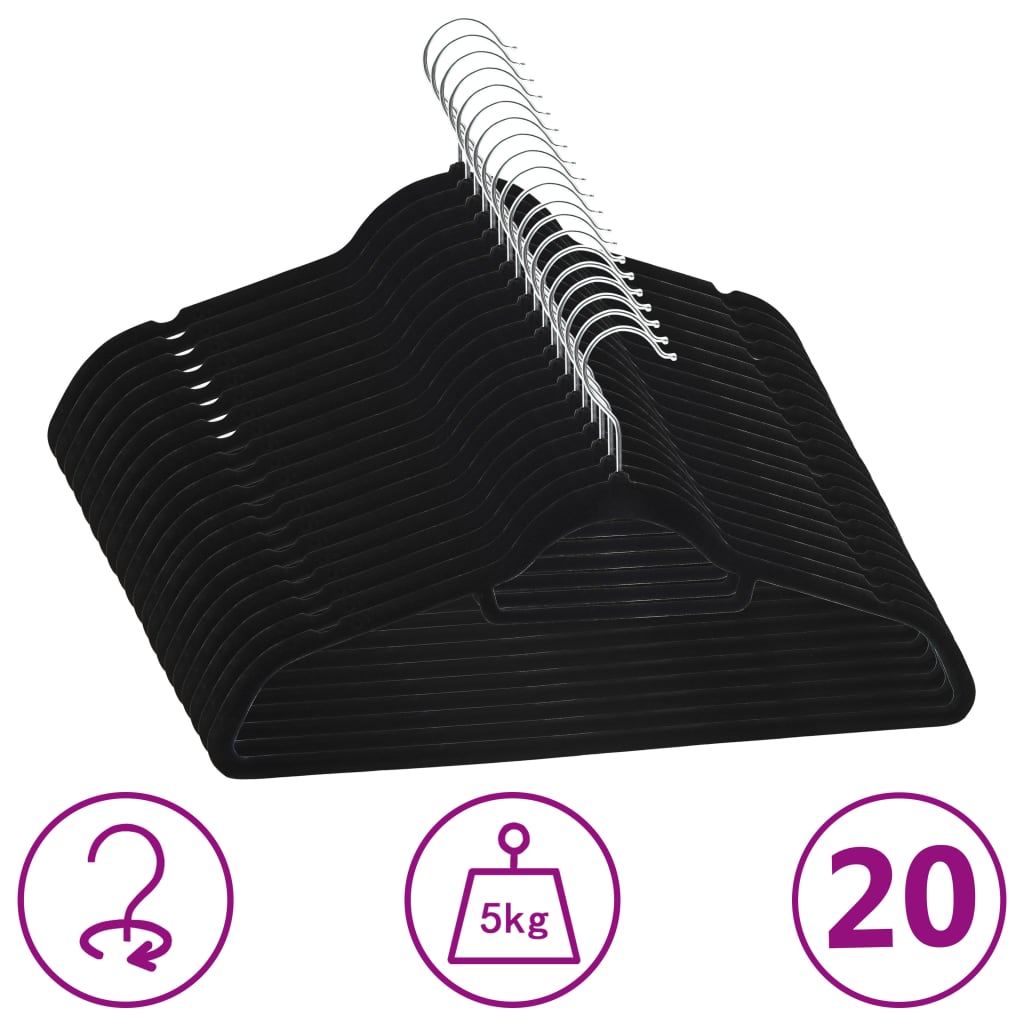 20 Pcs conjunto de cabides antiderrapantes veludo preto