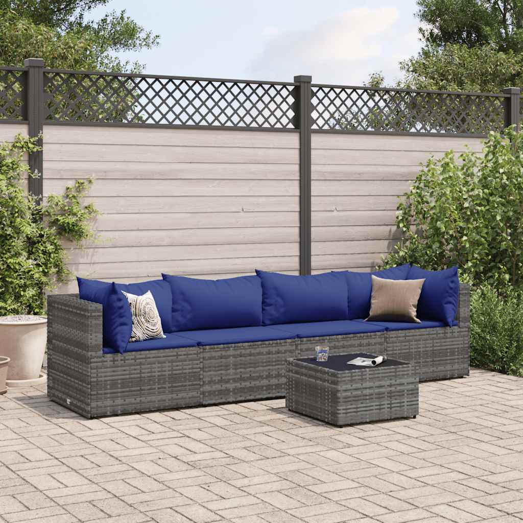 5 Pcs conjunto lounge de jardim c/ almofadões vime PE cinzento