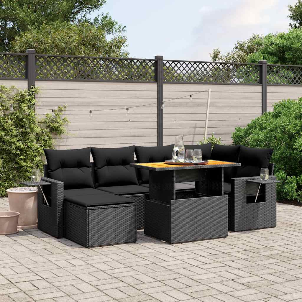 7 Pcs conjunto de sofás p/ jardim c/ almofadões vime PE preto