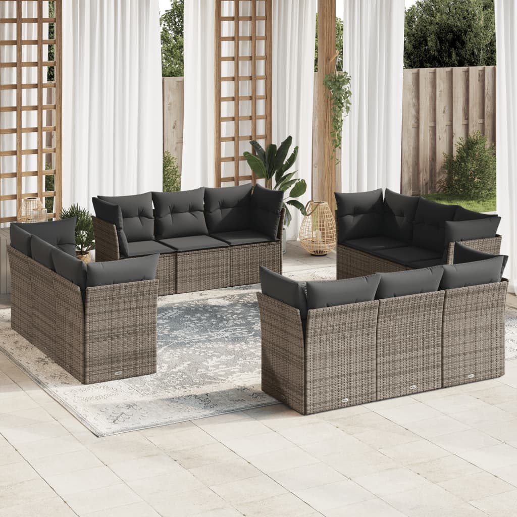 12 Pcs conjunto de sofás jardim c/ almofadões vime PE cinzento