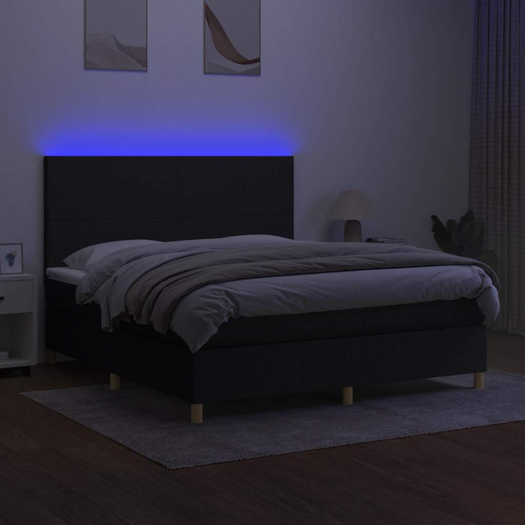 Cama box spring c/ colchão e LED 160x200 cm tecido preto