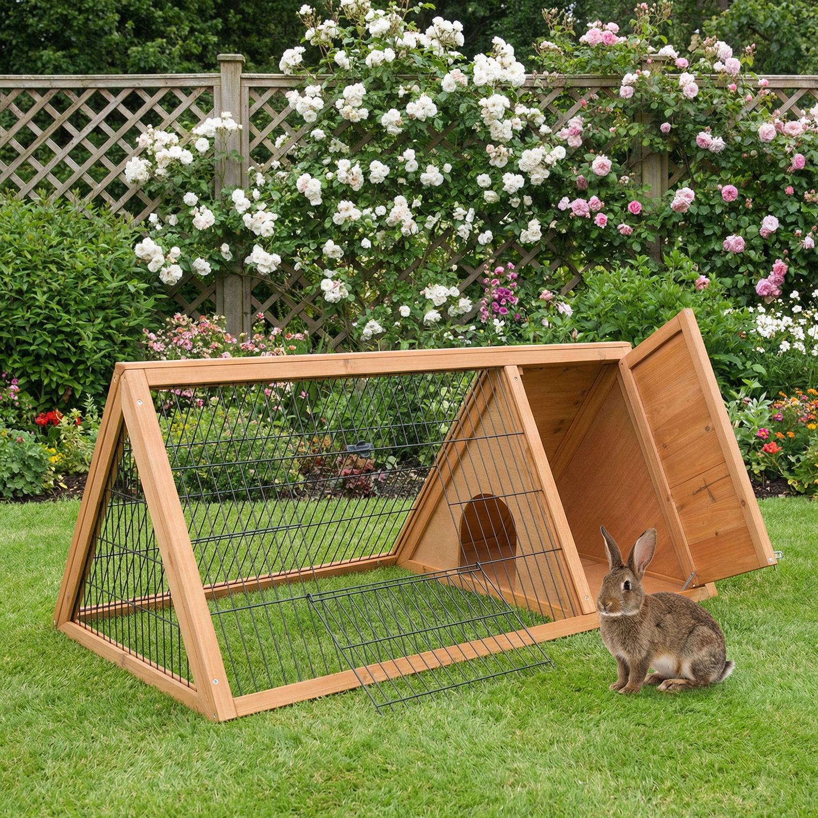 Coelheira de madeira 116x62,2x52,5 cm gaiola para coelhos em forma triangular com portas e grade metálica madeira