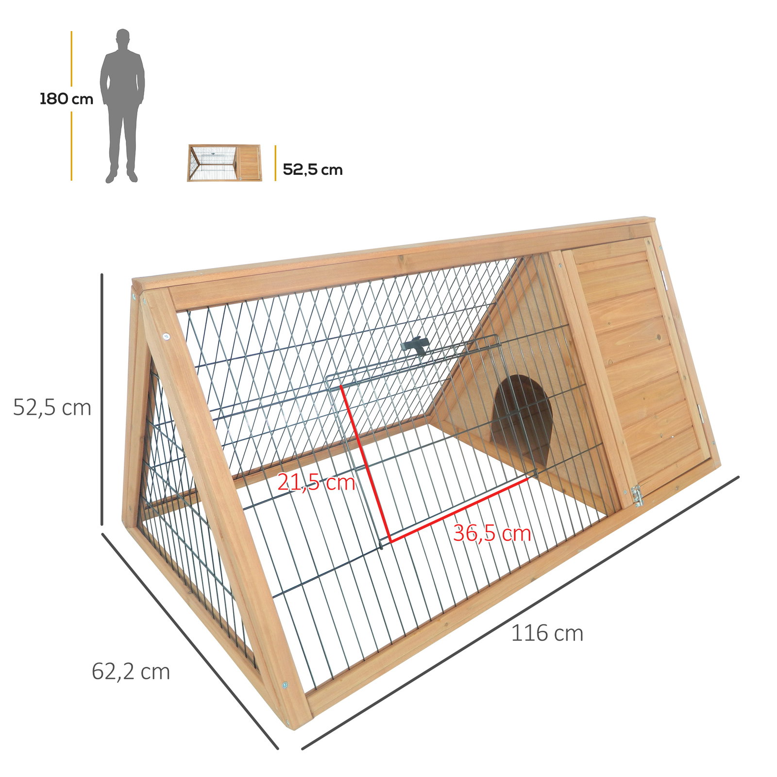 Coelheira de madeira 116x62,2x52,5 cm gaiola para coelhos em forma triangular com portas e grade metálica madeira