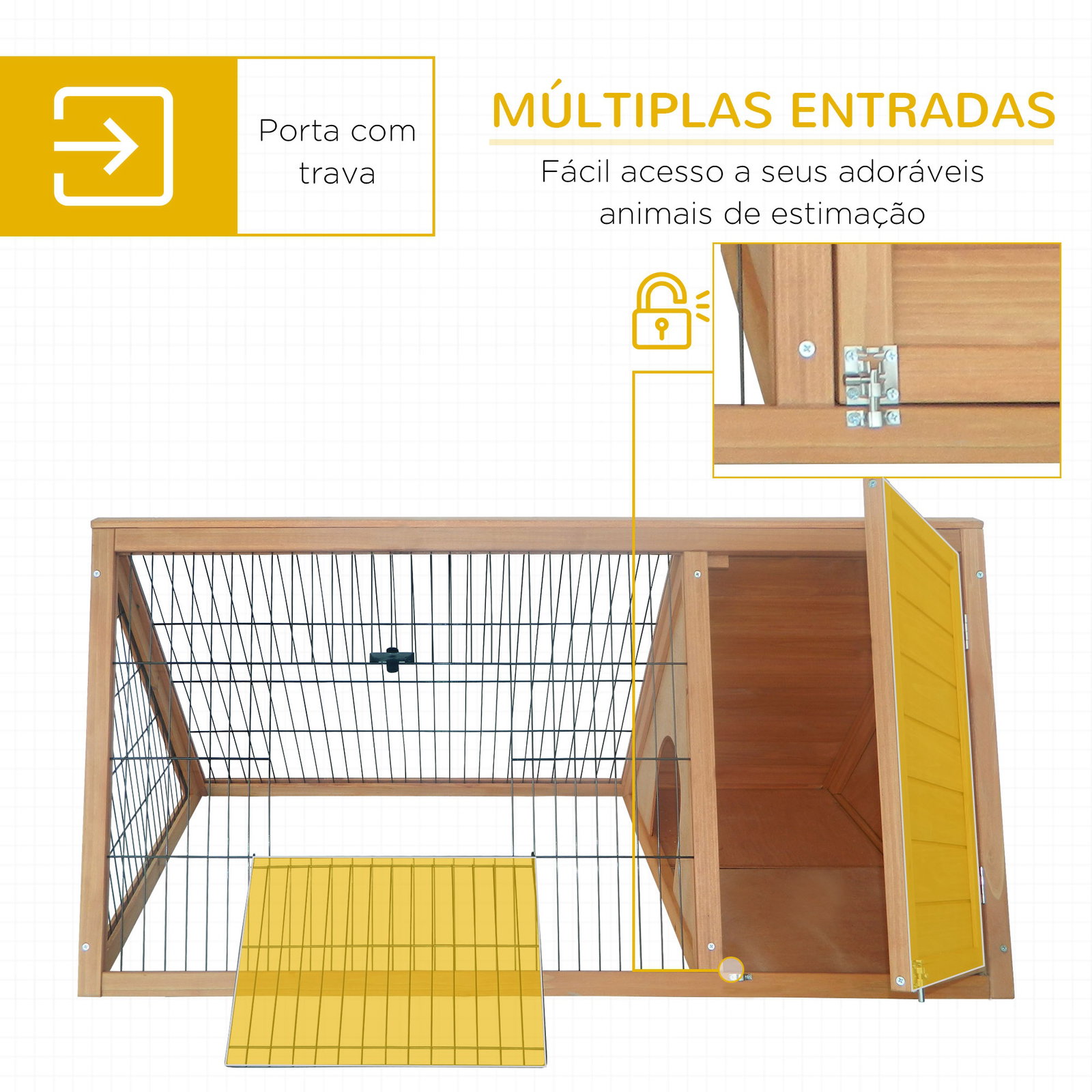 Coelheira de madeira 116x62,2x52,5 cm gaiola para coelhos em forma triangular com portas e grade metálica madeira