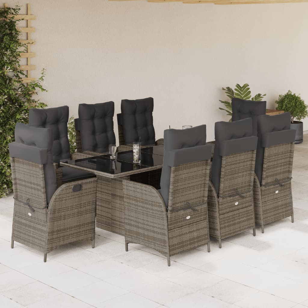 9 Pcs conjunto de jantar p/ jardim c/ almofadões vime PE cinza