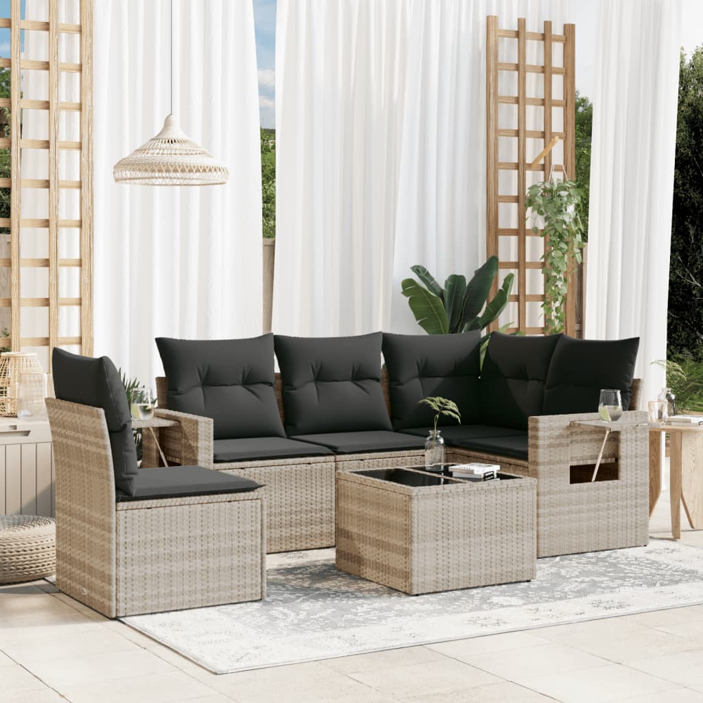 6 Pcs conj. sofás jardim com almofadões vime PE cinzento-claro