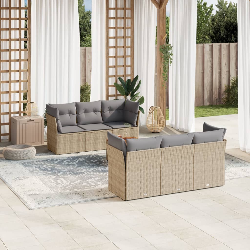 7 Pcs conjunto de sofás p/ jardim com almofadões vime PE bege
