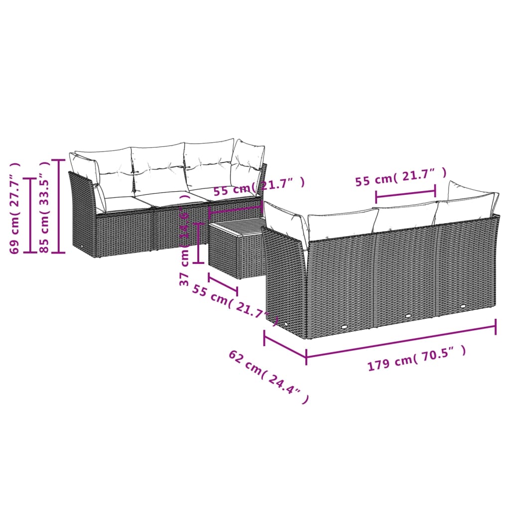7 Pcs conjunto de sofás p/ jardim com almofadões vime PE bege