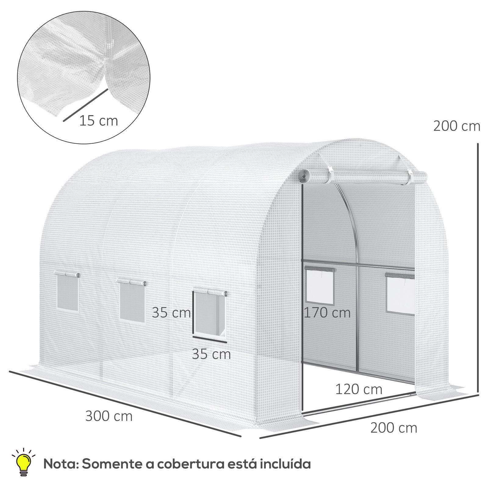 Cobertura de estufa de túnel 3x2x2m cobertura de substituição de estufa polietileno com 6 janelas e portas enroláveis branco