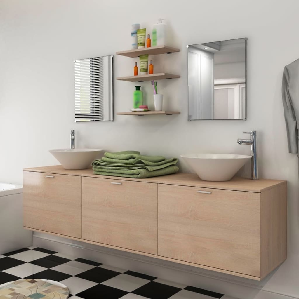 Conjunto móveis de wc + lavatório c/ torneira, 10 pcs, bege