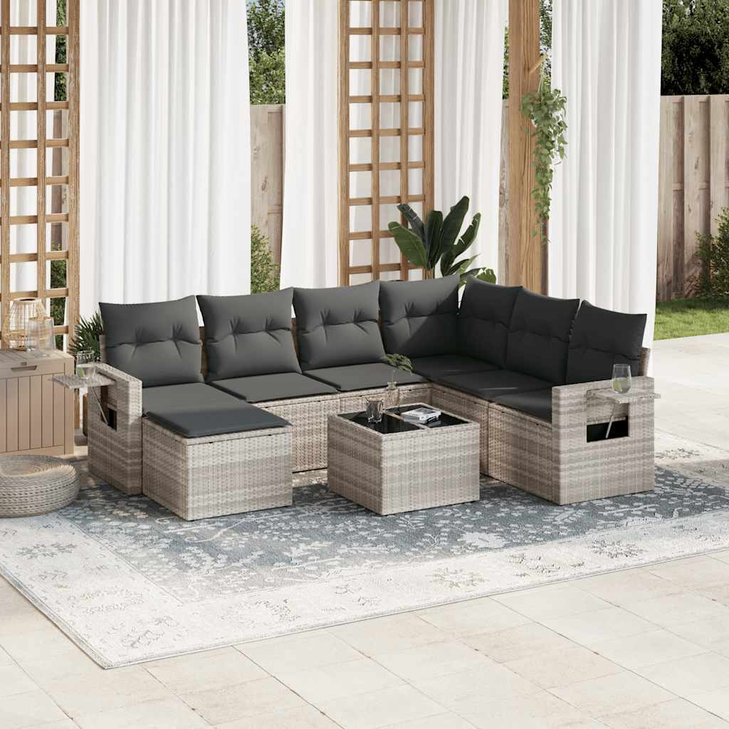 8 Pcs conj. sofás jardim c/ almofadões vime PE cinzento-claro