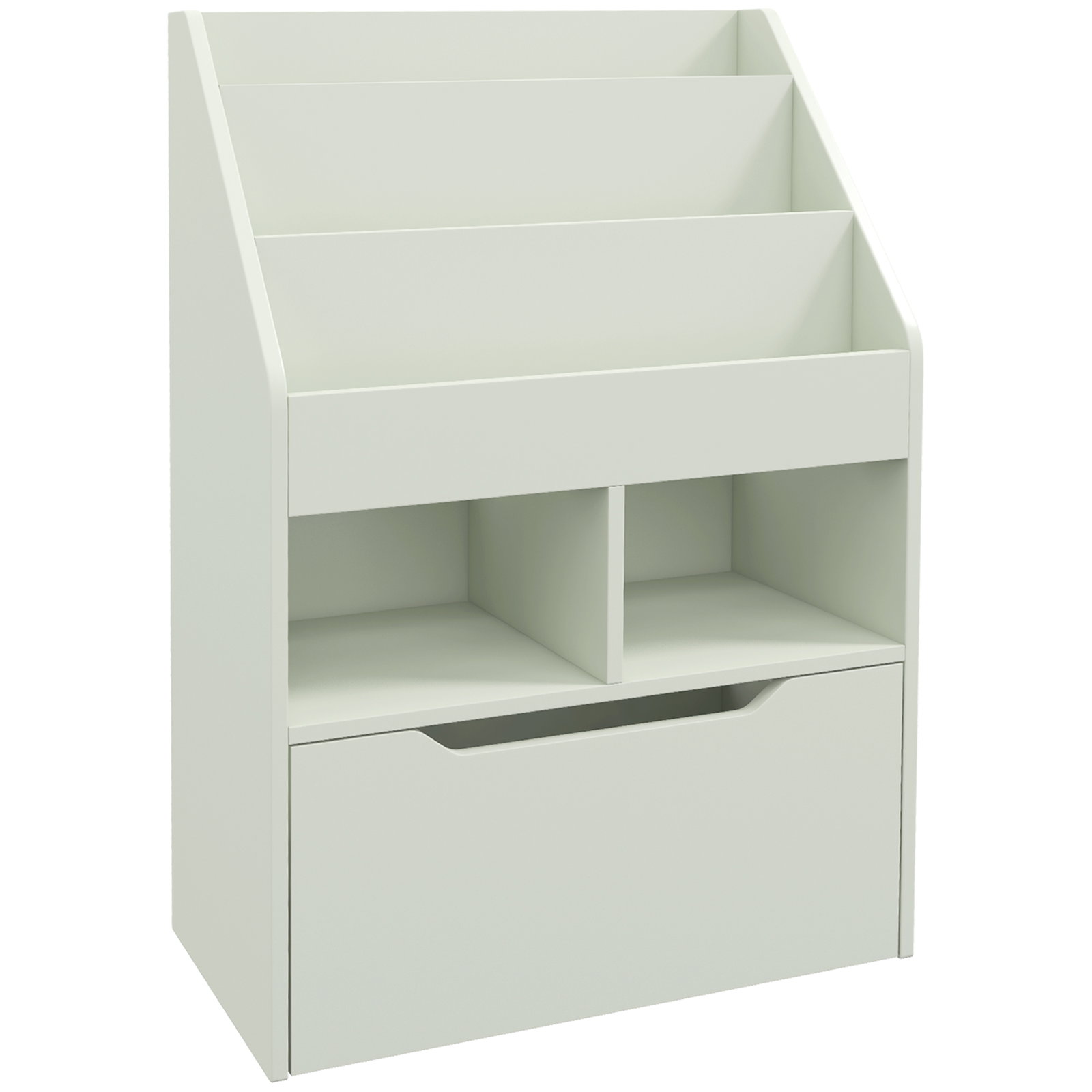 Estante de madeira para brinquedos com 3 compartimentos 2 prateleiras e gaveta móvel com 4 rodas 60x29,9x90 cm verde