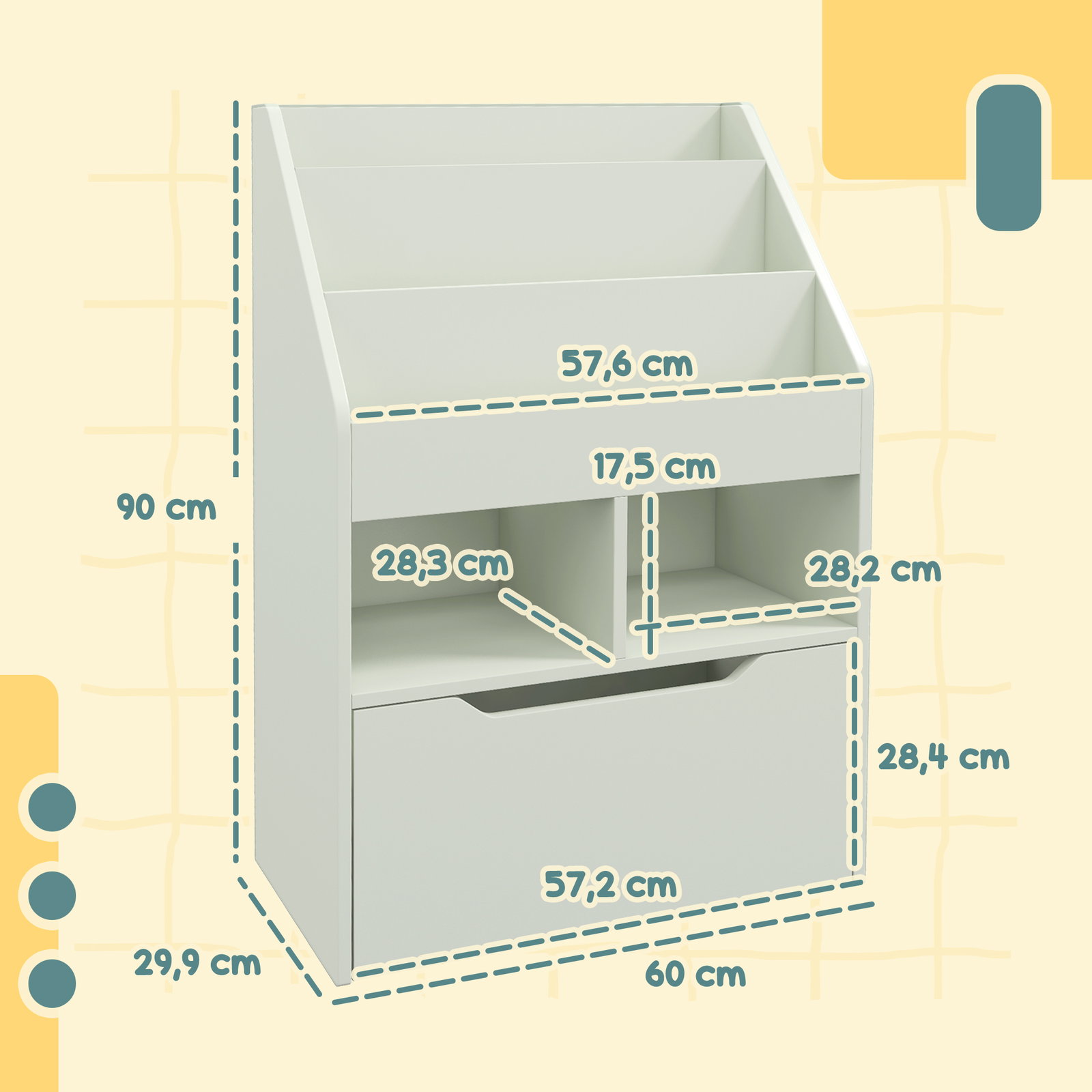 Estante de madeira para brinquedos com 3 compartimentos 2 prateleiras e gaveta móvel com 4 rodas 60x29,9x90 cm verde