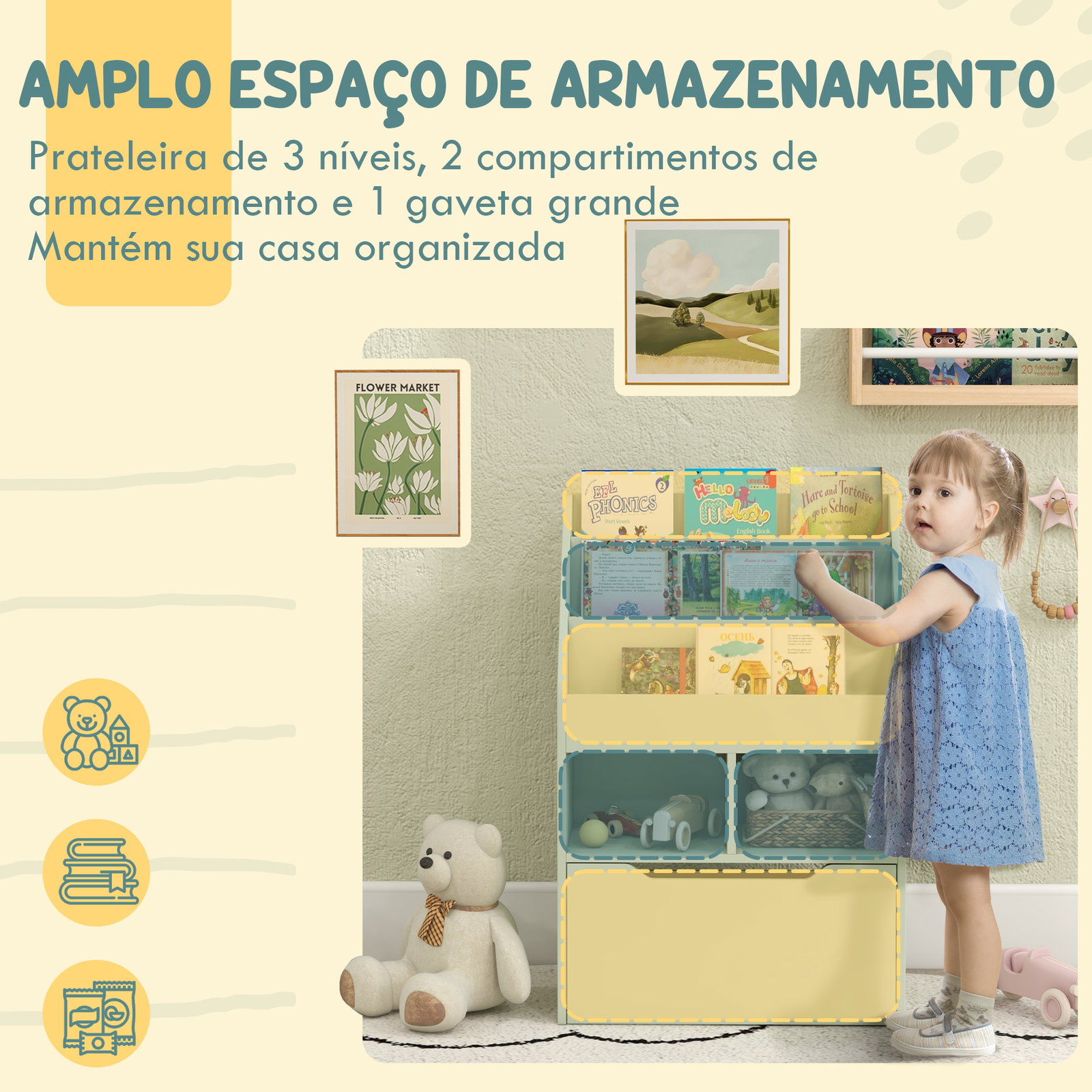 Estante de madeira para brinquedos com 3 compartimentos 2 prateleiras e gaveta móvel com 4 rodas 60x29,9x90 cm verde