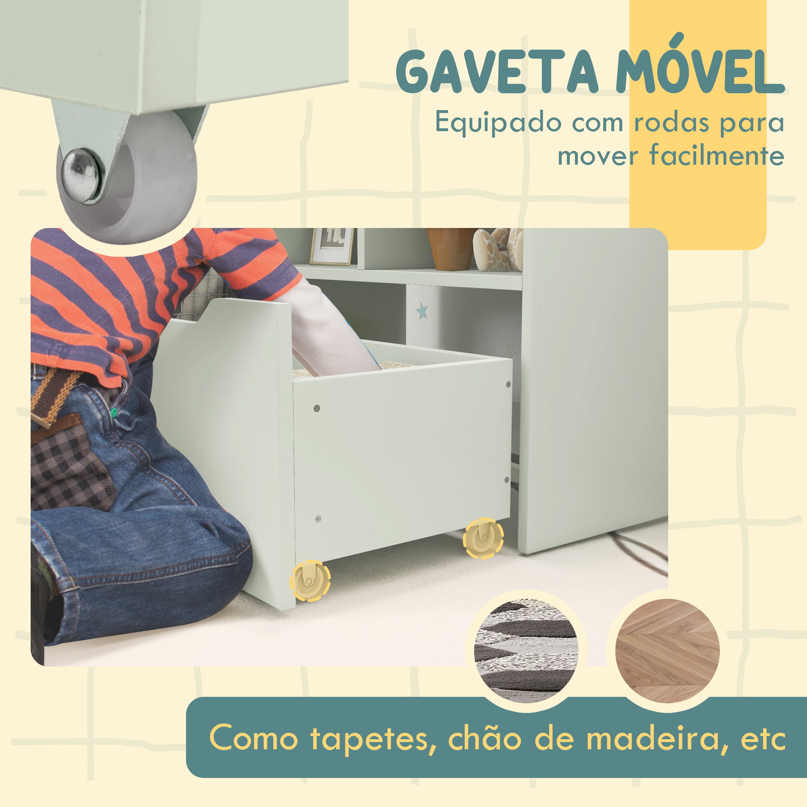 Estante de madeira para brinquedos com 3 compartimentos 2 prateleiras e gaveta móvel com 4 rodas 60x29,9x90 cm verde