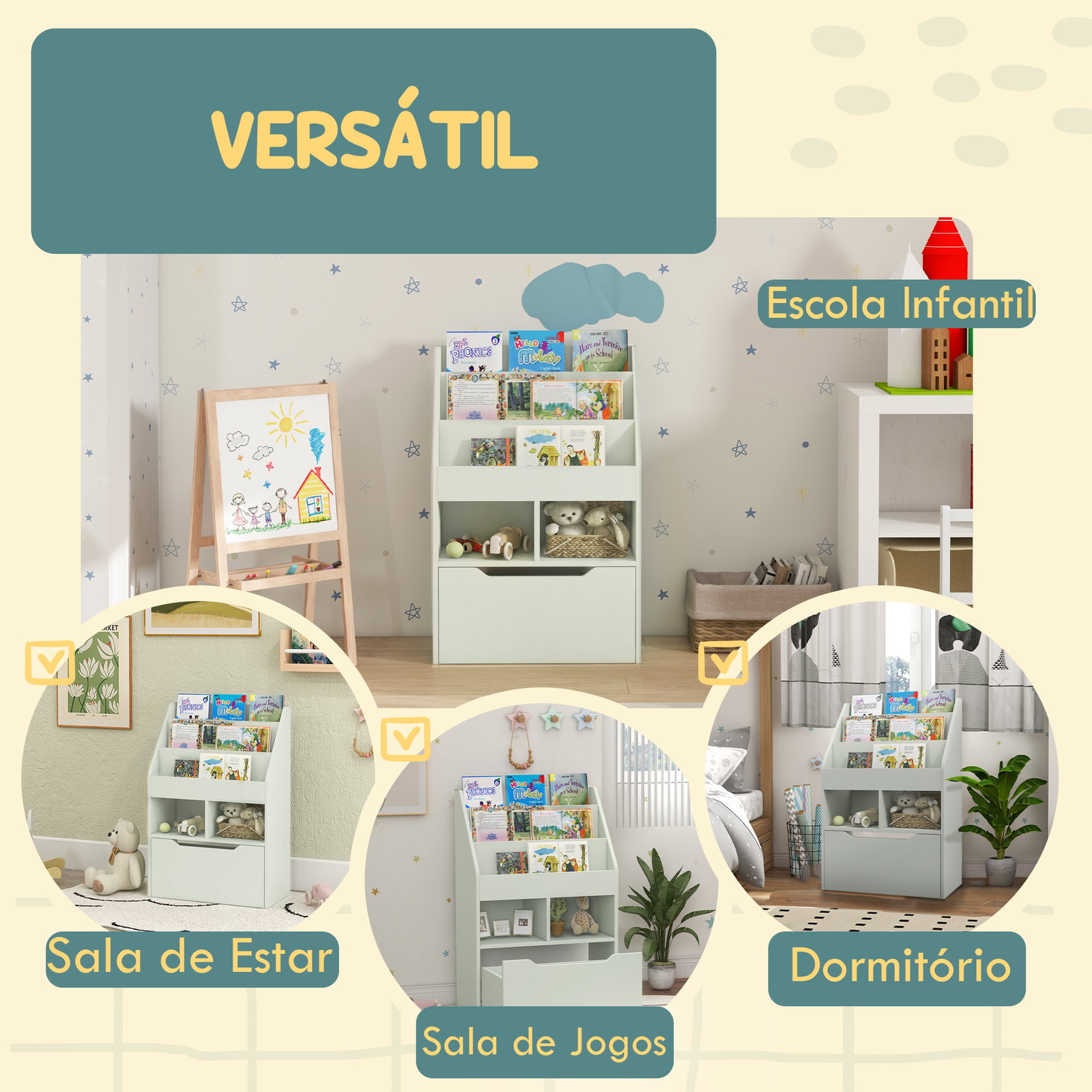 Estante de madeira para brinquedos com 3 compartimentos 2 prateleiras e gaveta móvel com 4 rodas 60x29,9x90 cm verde