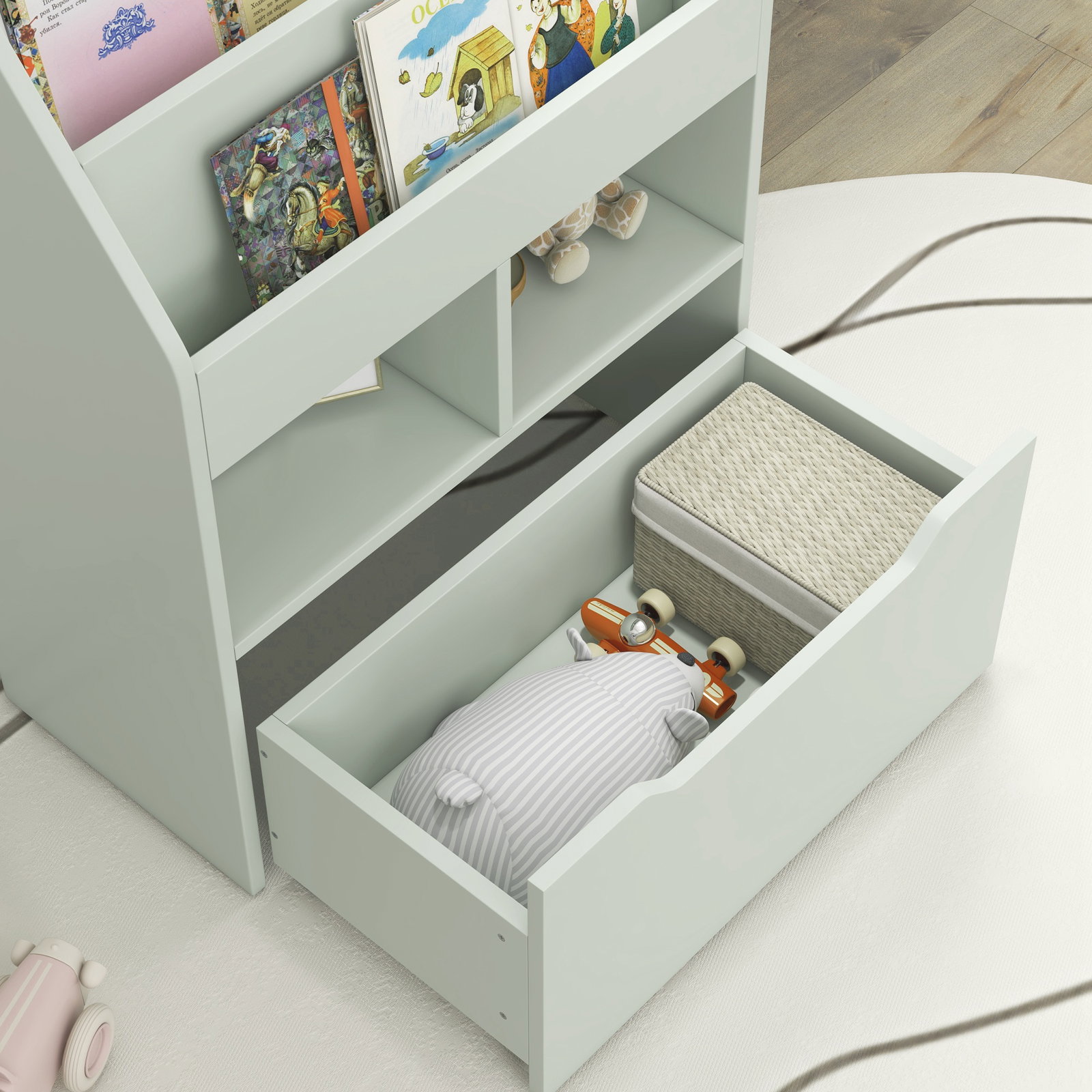 Estante de madeira para brinquedos com 3 compartimentos 2 prateleiras e gaveta móvel com 4 rodas 60x29,9x90 cm verde