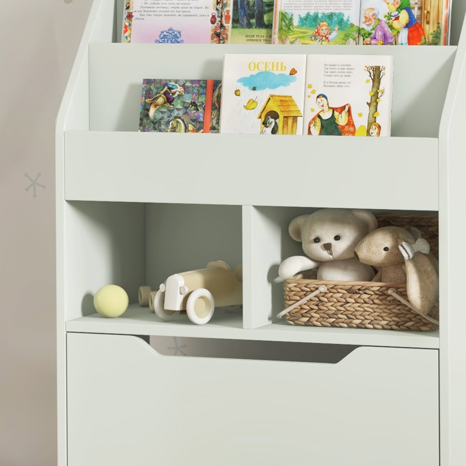Estante de madeira para brinquedos com 3 compartimentos 2 prateleiras e gaveta móvel com 4 rodas 60x29,9x90 cm verde