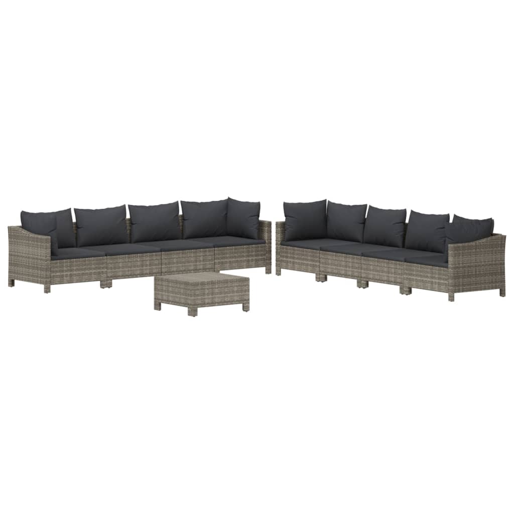 9 Pcs conjunto lounge de jardim c/ almofadões vime PE cinzento