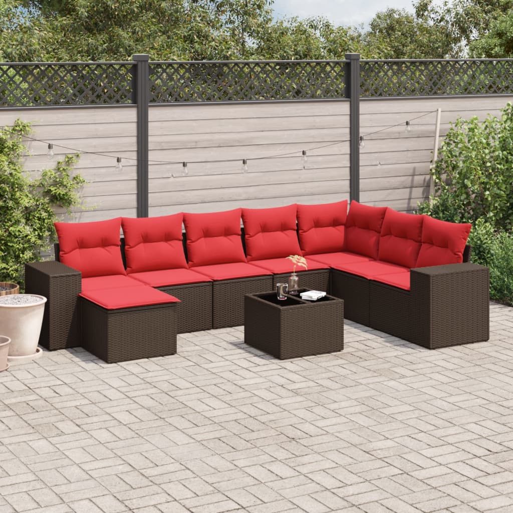 Conjunto de sofá de jardim com 9 peças e almofadas em rattan sintético marrom